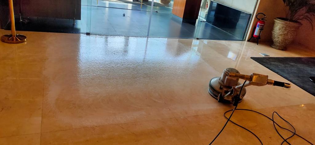 Polished stone flooring in a hotel lobby
